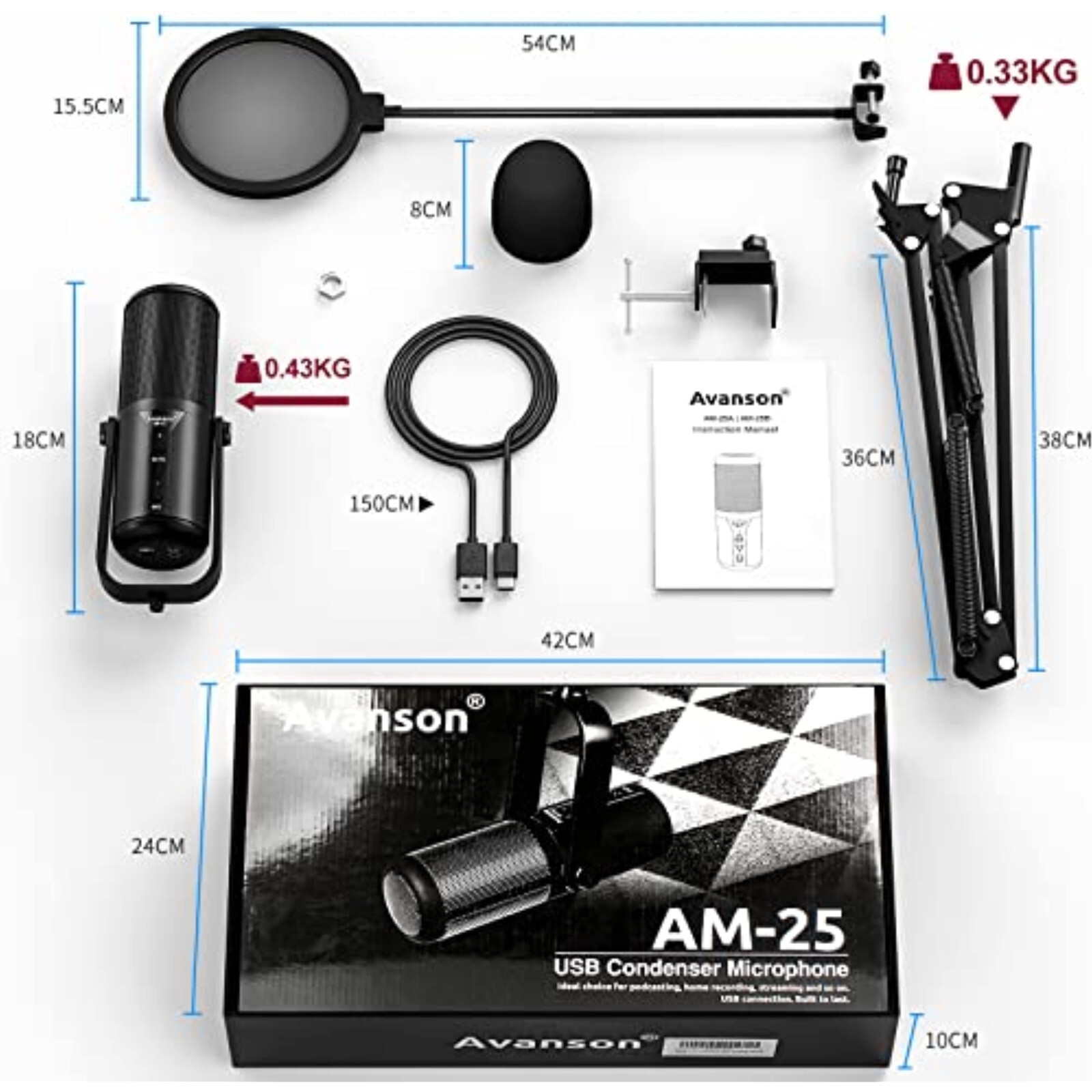 USB Microphone Kit Condenser Microphone Metal Adjustable Boom Arm Podcasts