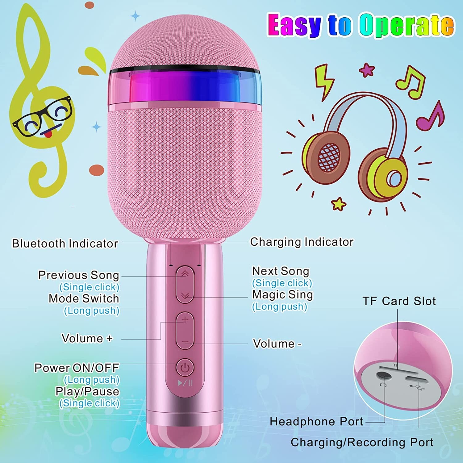 Pink Wireless Bluetooth Karaoke Microphone Handheld Machine Recording For Kids