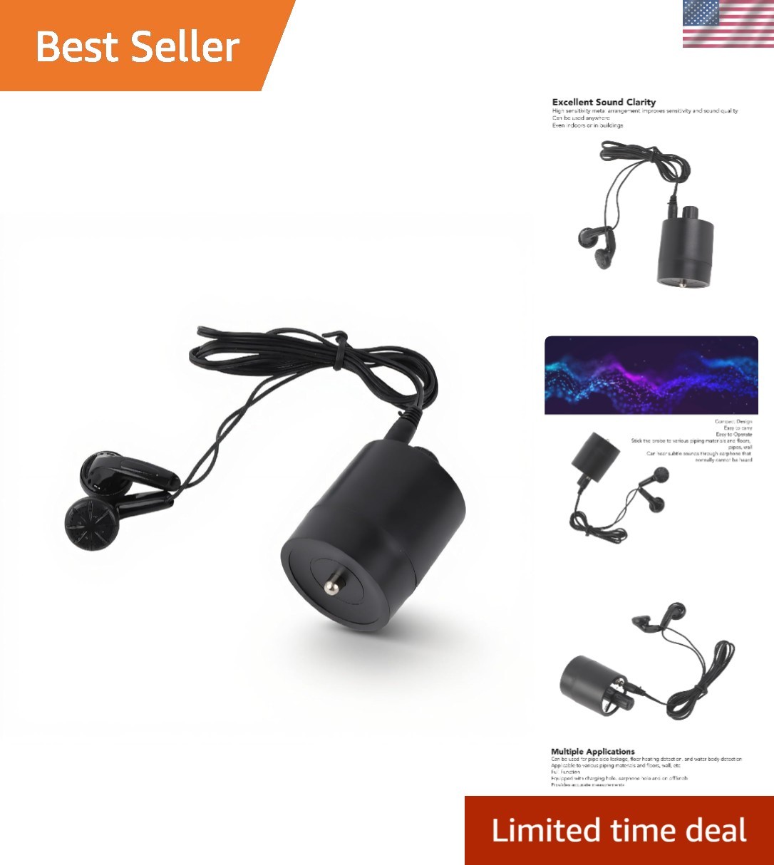 Compact Through Wall Sound Listening Device with Built-in Battery and Data Cable