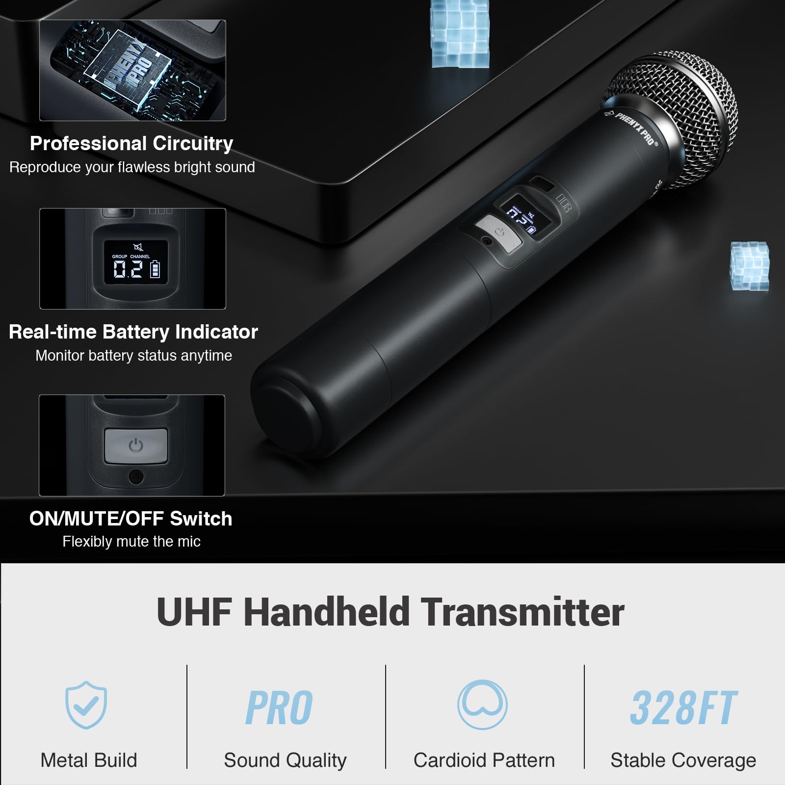 Phenyx Pro Dual UHF Auto Scan Handheld Wireless Two Mics, Black