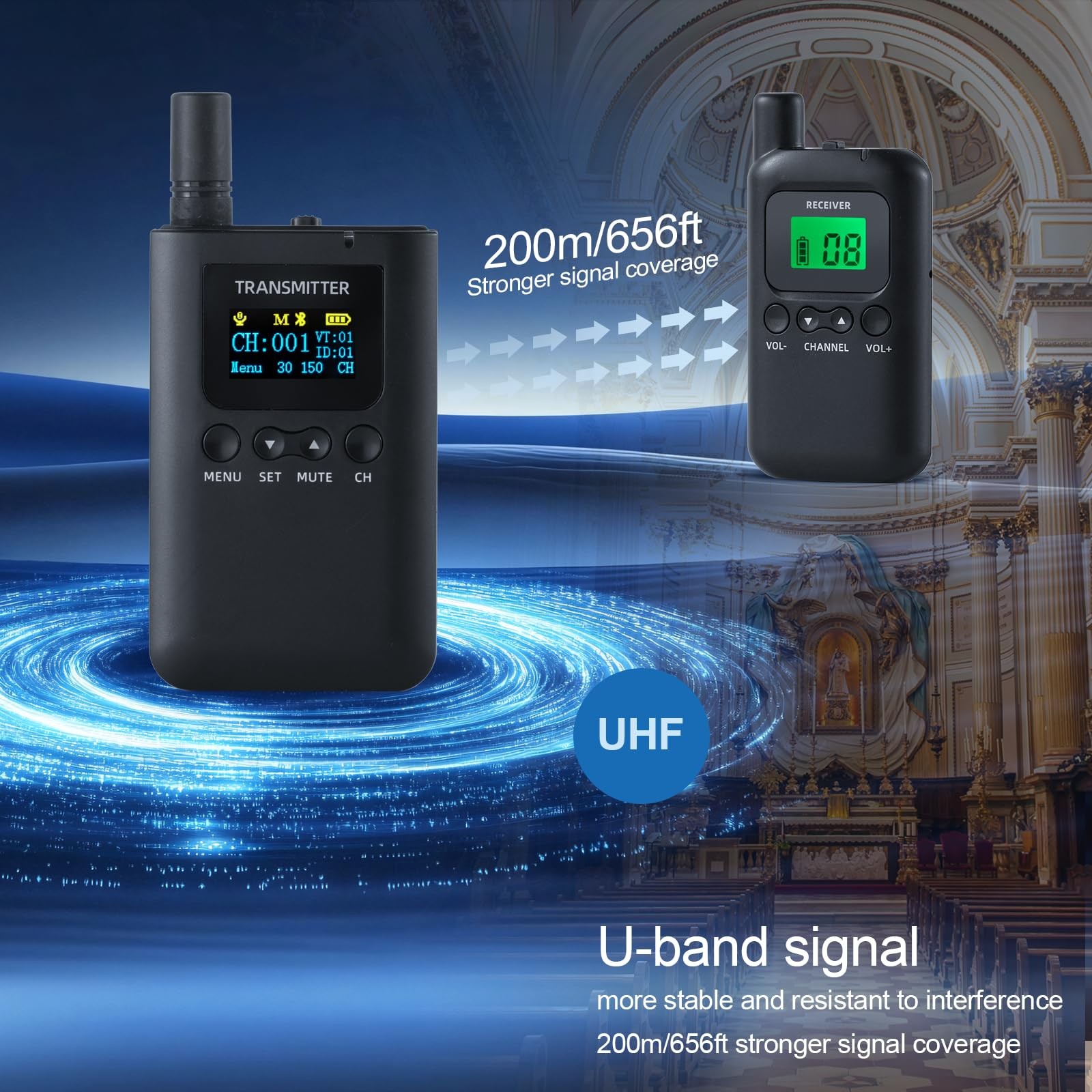 Wireless Tour Guide System,200m/656ft,Upgraded Noise Reduction,40H Long 1-10