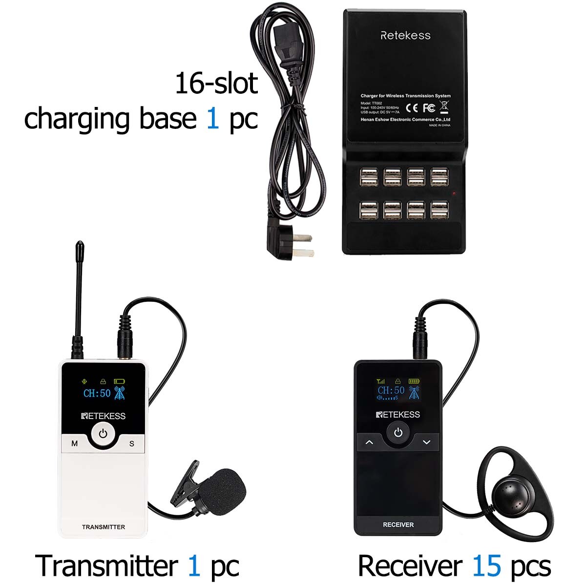 Retekess UHF Wireless Translation System Transmitter 15 Receivers Charging Base