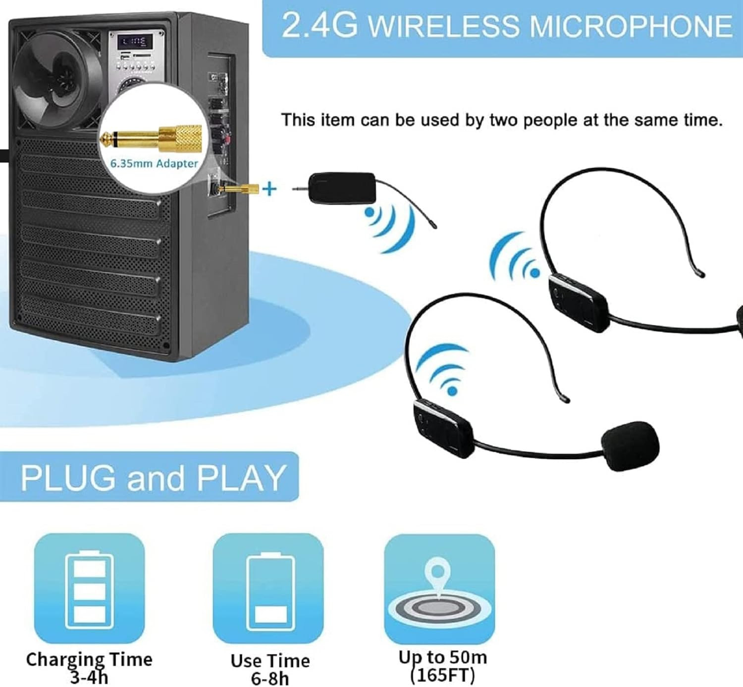 Wireless Microphone System for 2 People, 2.4G Dual Wireless Headset Mics Ideal f