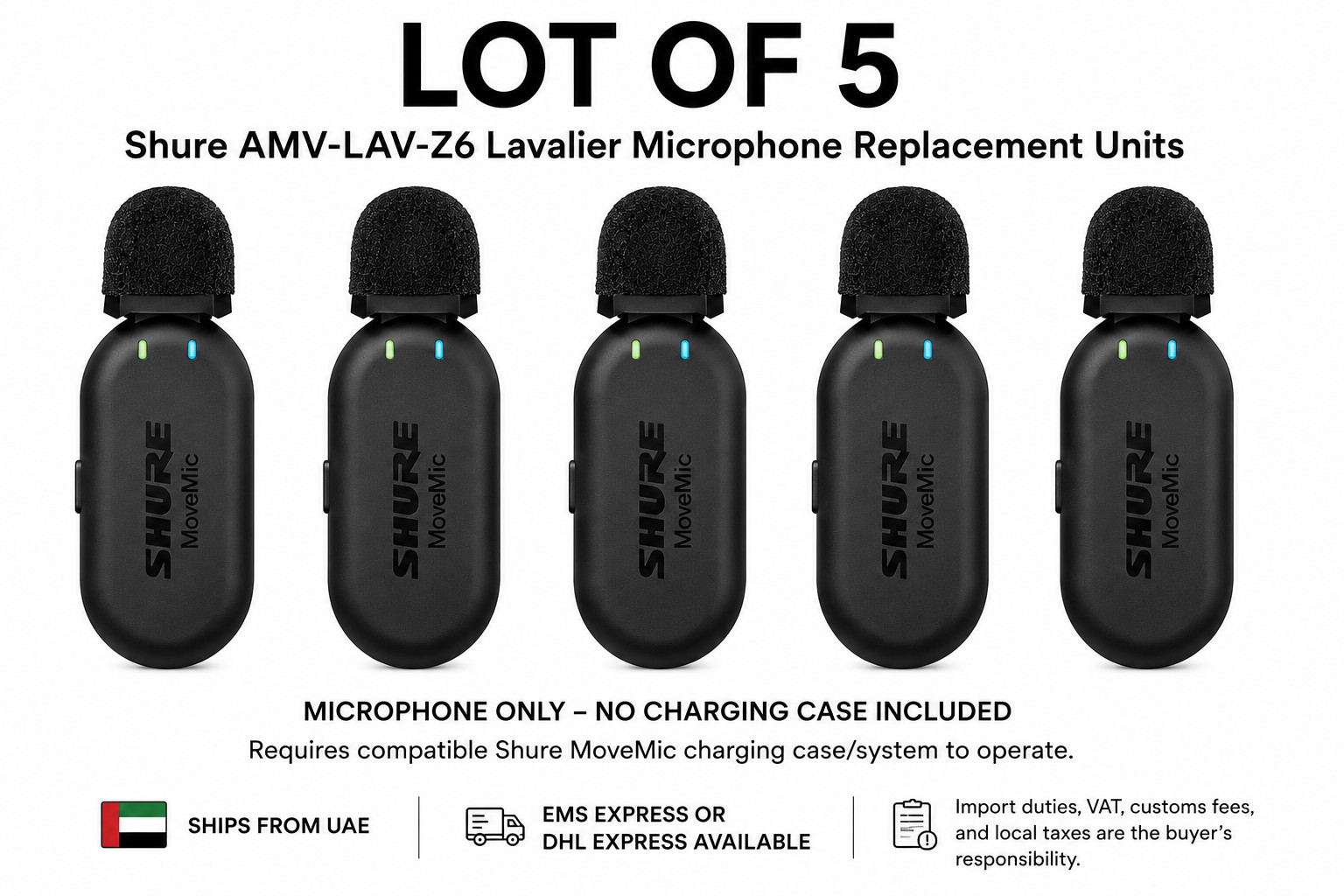 LOT OF 5x Genuine Shure AMV-LAV-Z6 Wireless Lavalier Microphones
