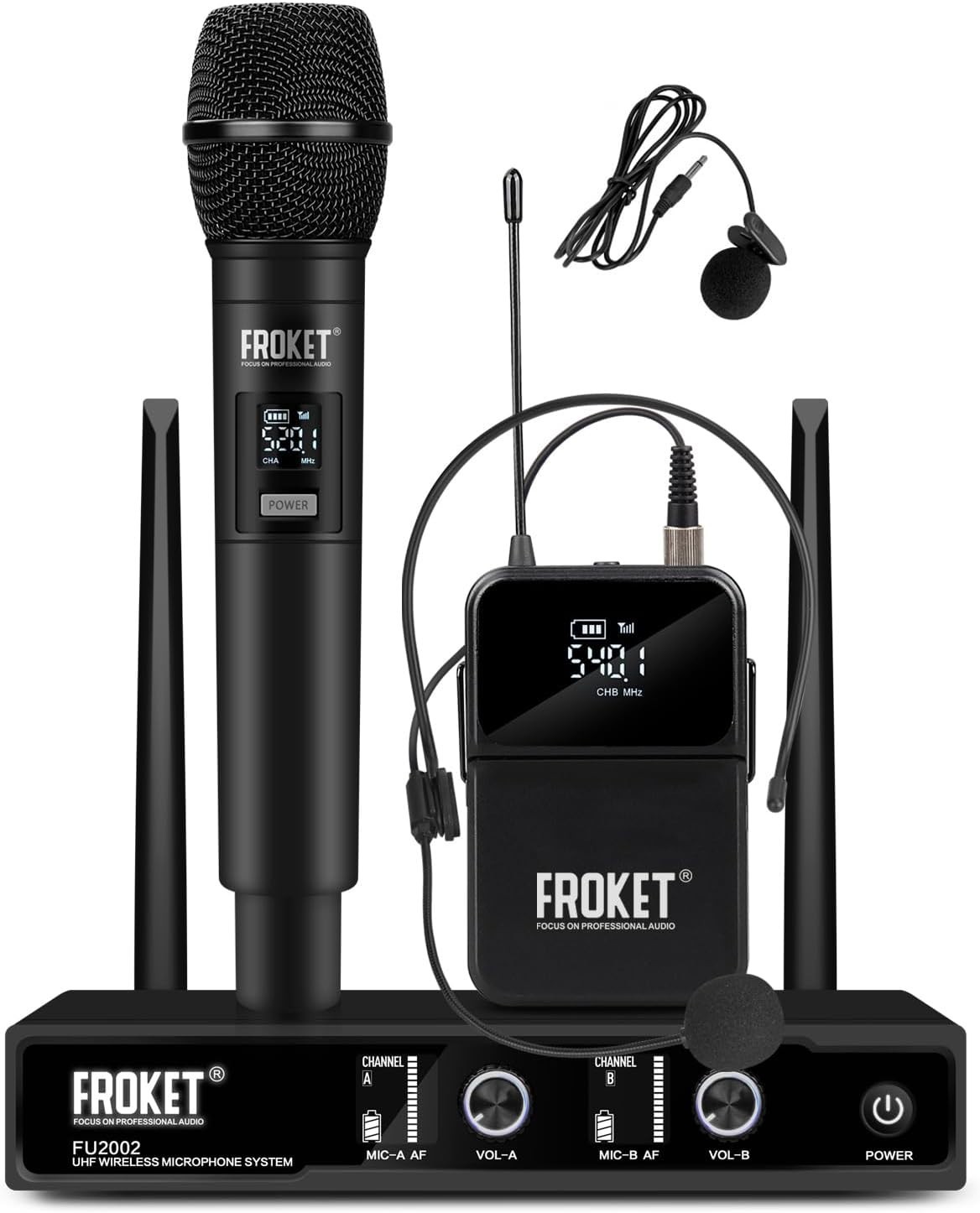 Froket FU-2002 Wireless Mic Combo Pack Receiver, Handheld Mic. Lavalier, Headset