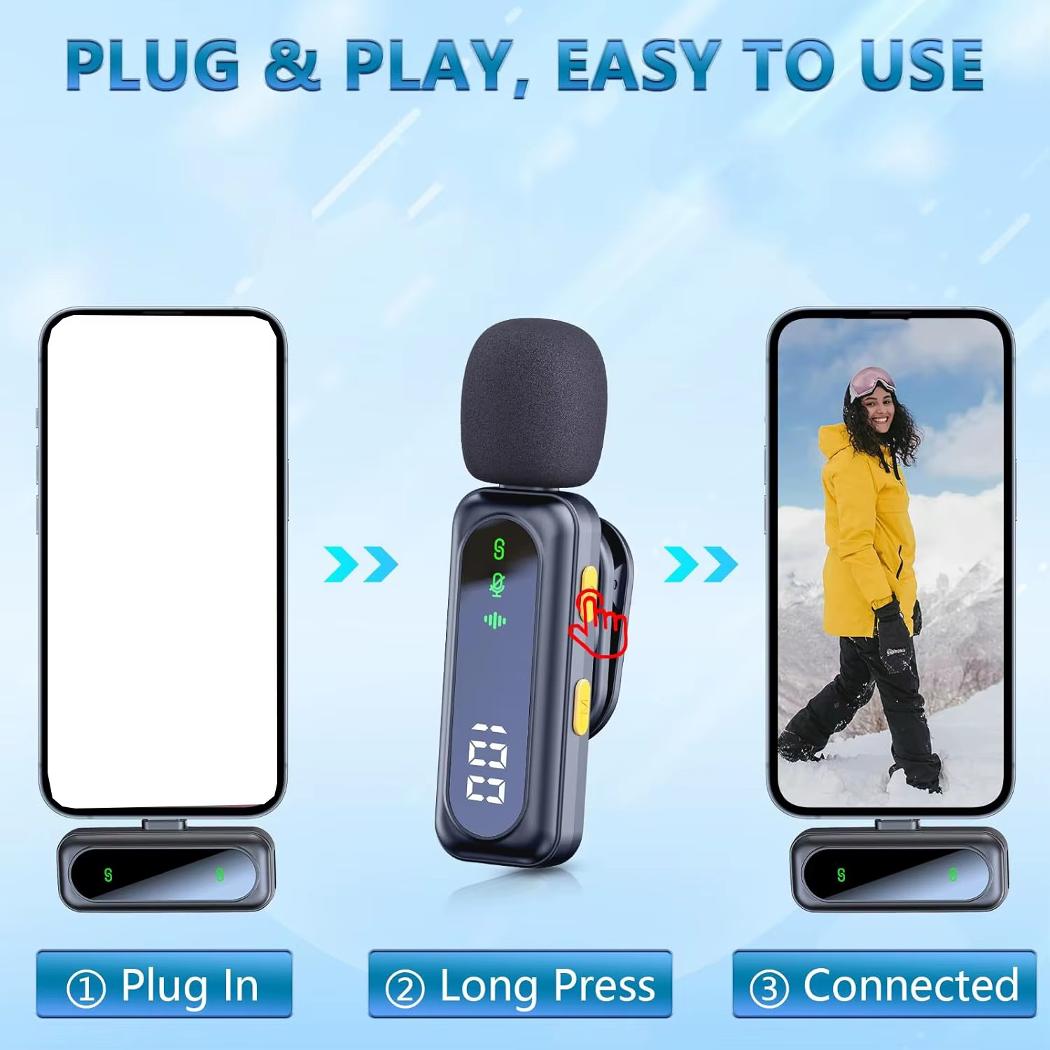 Professional Wireless Lavalier Microphone Plug and Play, with LED Power Display