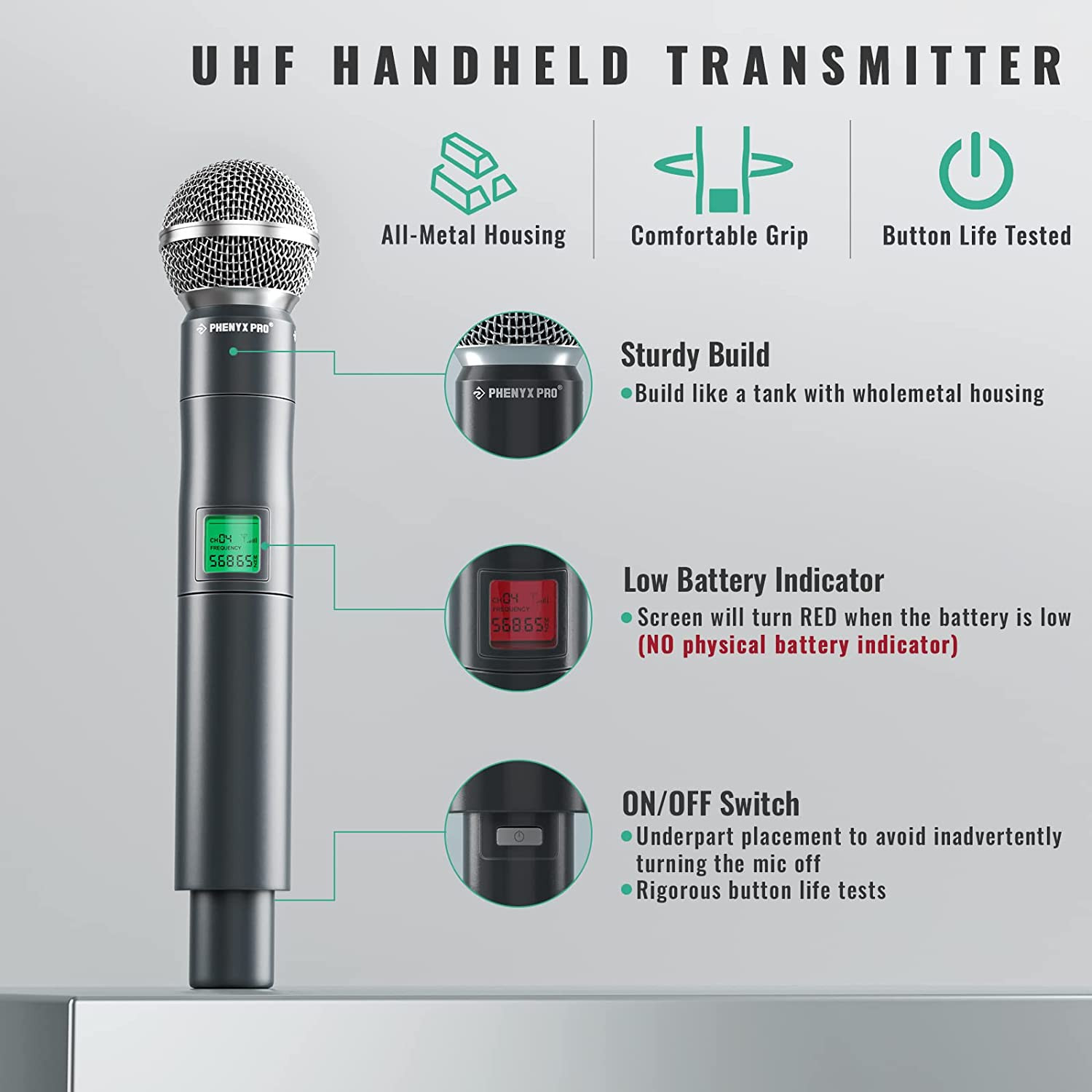 Wireless Microphone System 4 Channel UHF Mic Fixed Frequency with 4 Handheld Dyn