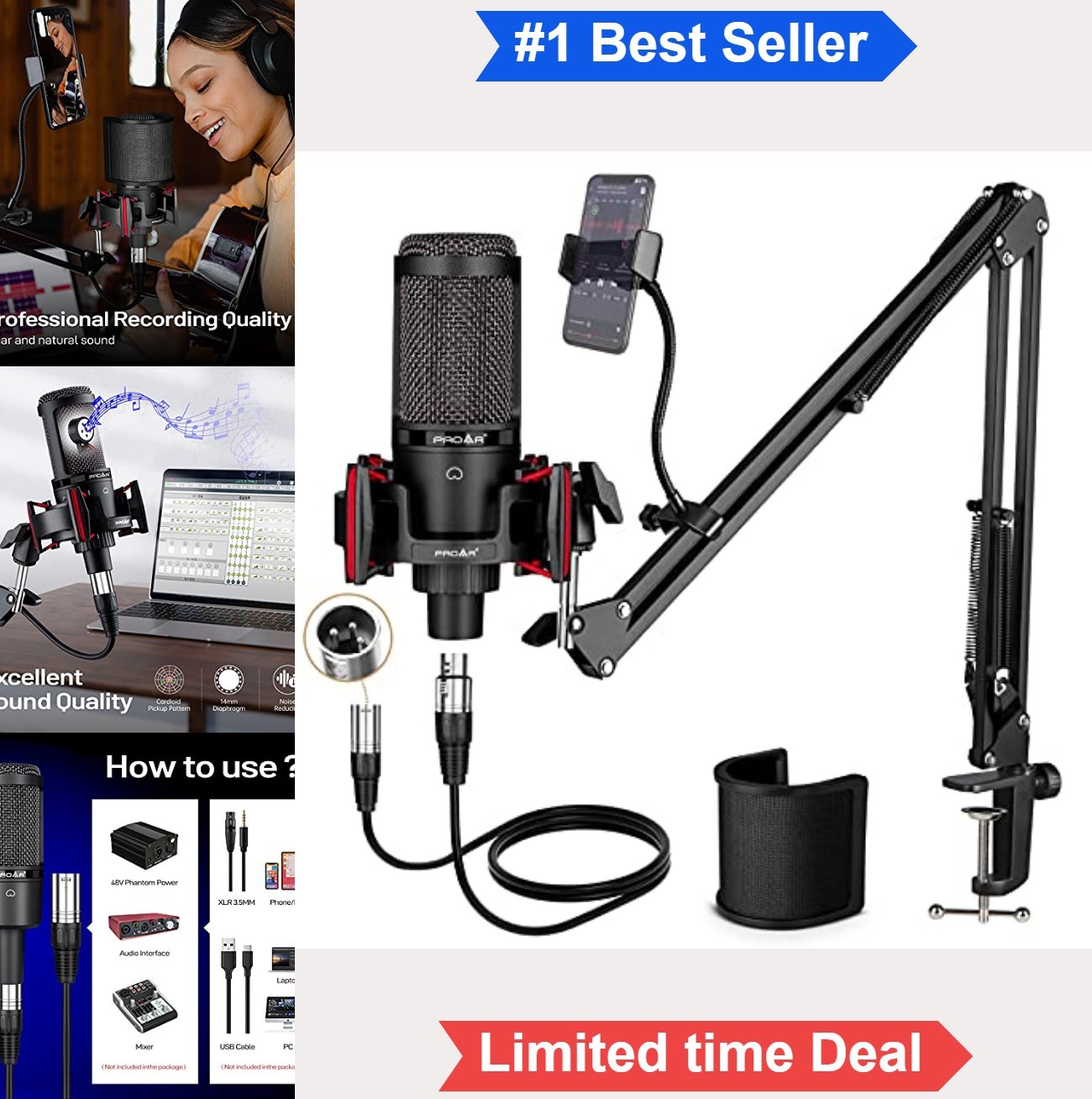 Condenser Microphone XLR Studio Recording Cardioid Podcast Kit with Boom Arm
