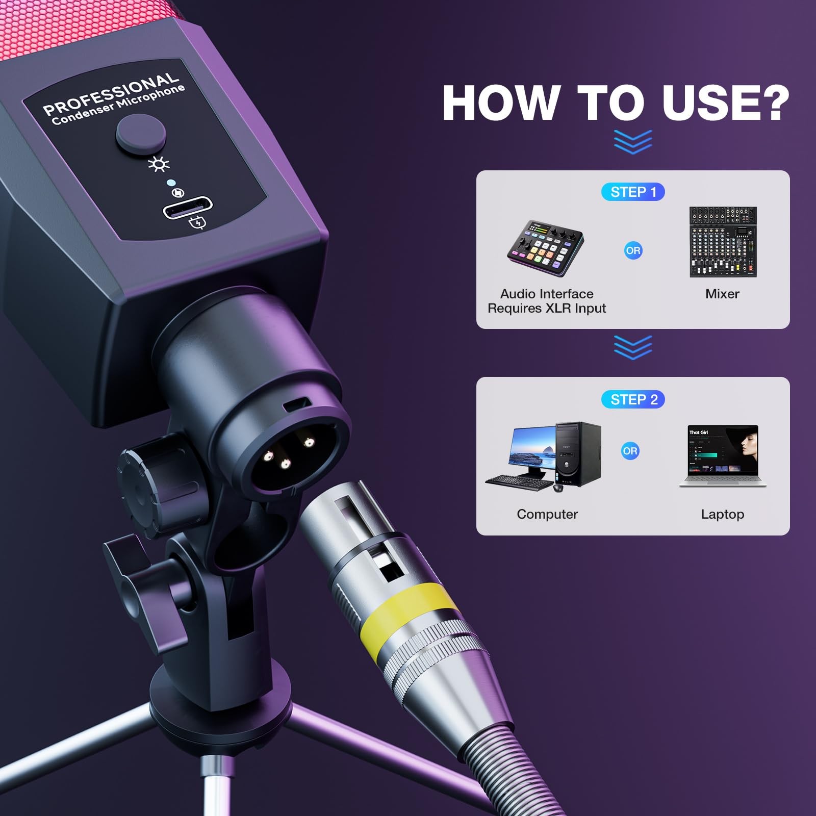 Multifunction Condenser Microphone, RGB Light Gaming Mic, 3.5mm XLR, Plug and…