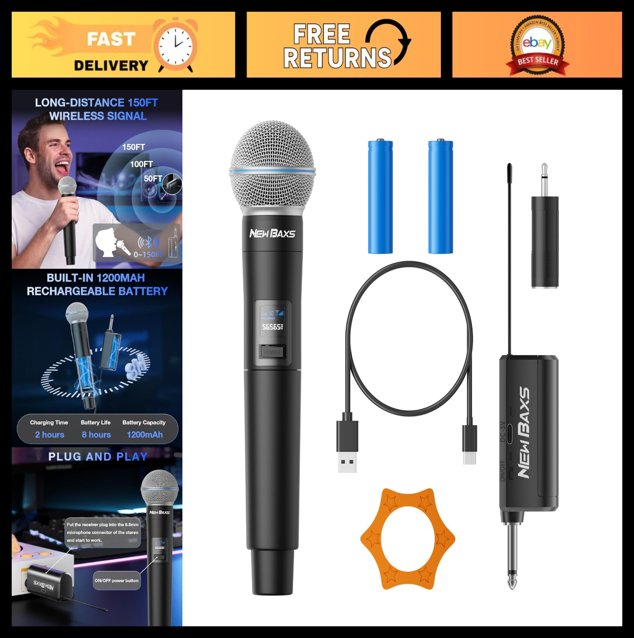 Rechargeable Wireless Microphones – 150FT Cordless Handheld Mics for Karaoke, Me