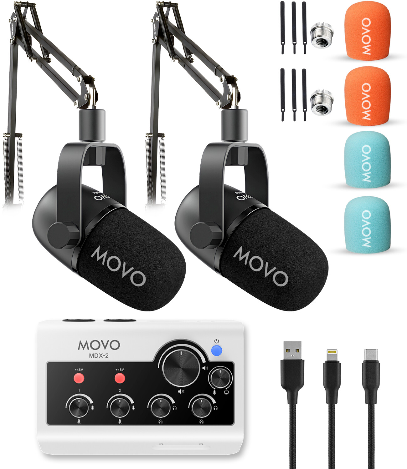 Movo PodPro-A Podcast Kit with Audio Interface, 2 Mics, 2 Boom Arms