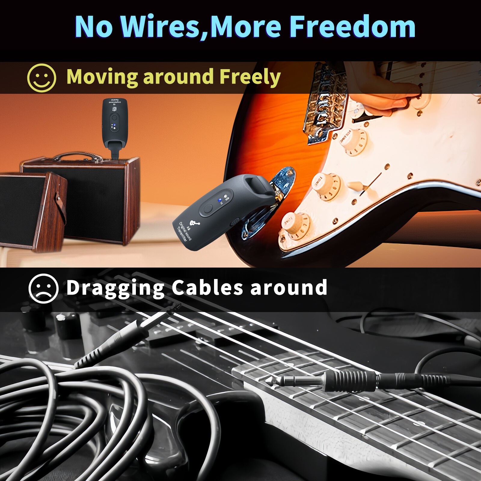 2.4GHz Wireless Guitar System Transmitter Receiver 100ft Rechargeable US