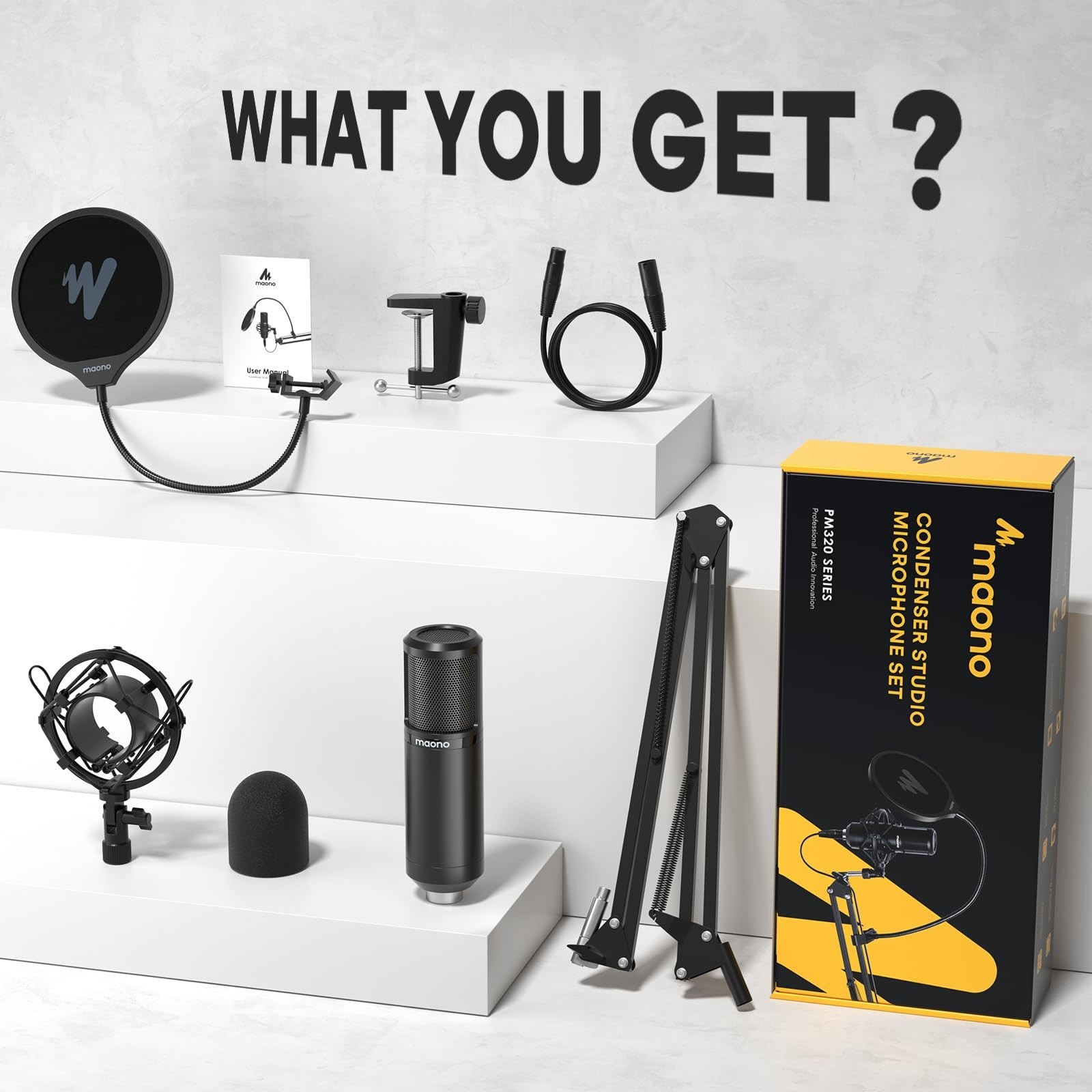 Professional Cardioid XLR Condenser Microphone with Boom Arm & Pop Filter for St
