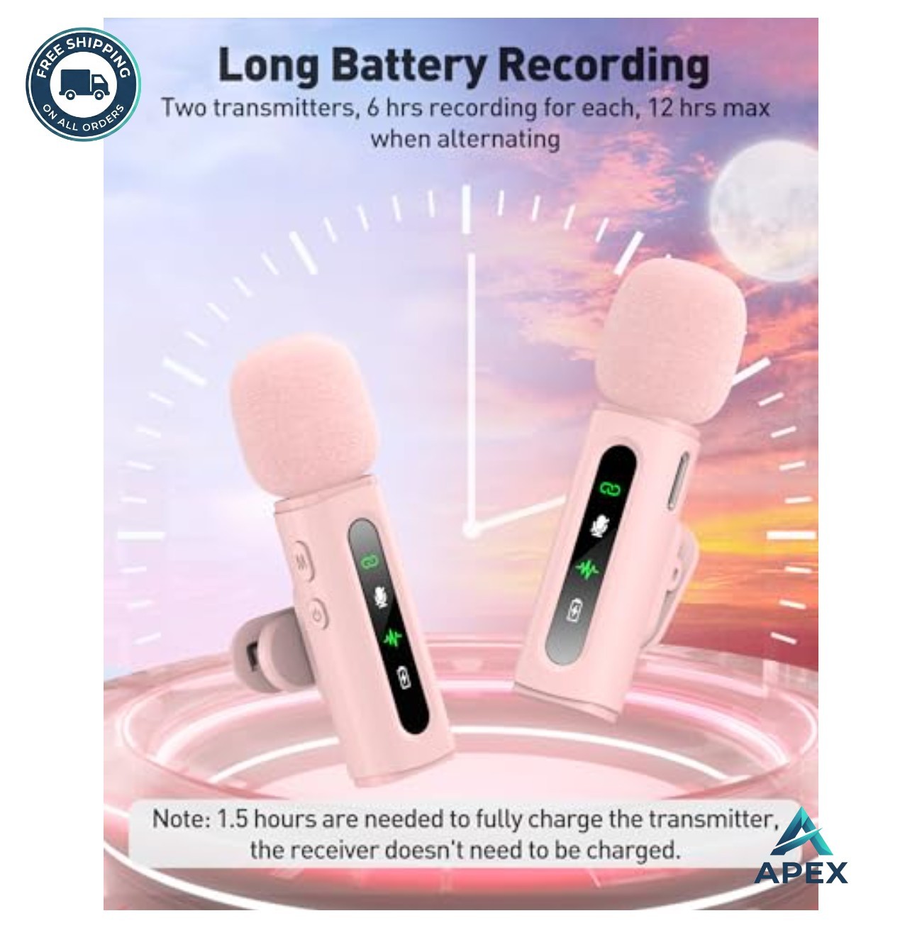 Wireless Lavalier Microphone USB C Denoise Clip On Pink 2 Pack for Phone Tablet
