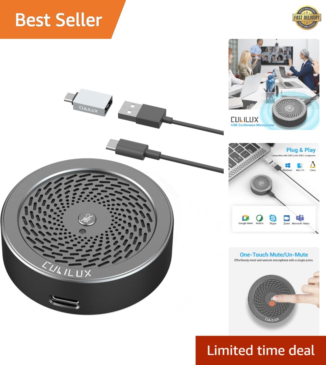 Compact USB Type-C Conference Microphone for Group Meetings – 10-Foot Range