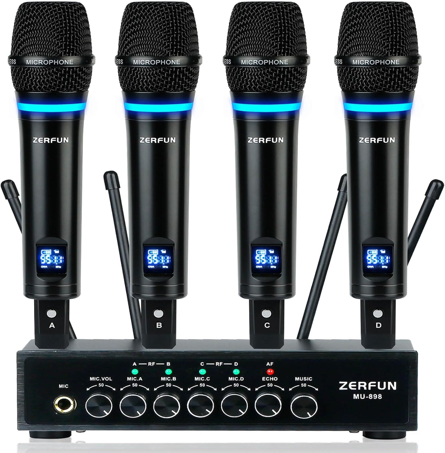 4 Channel Rechargeable Wireless Microphone System Pro UHF Metal Handheld