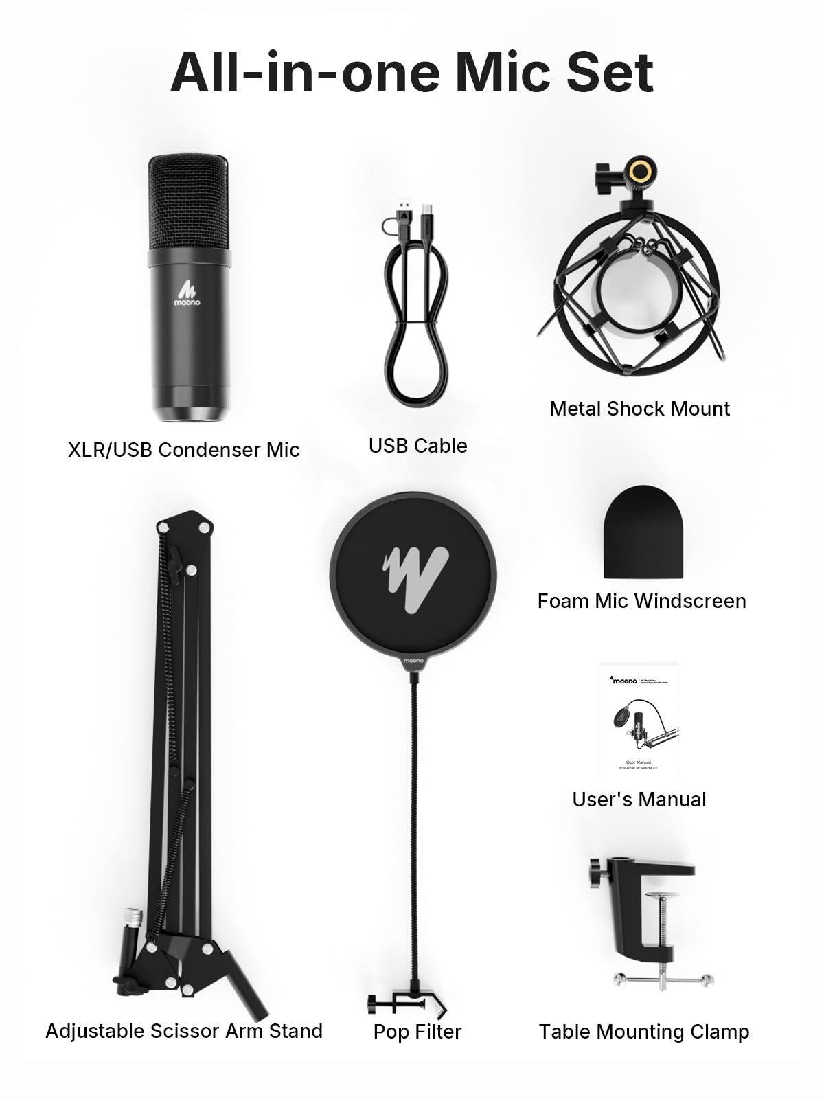 MAONO XLR/USB Condenser Microphone: 192kHz/24Bit Plug & Play PC Black