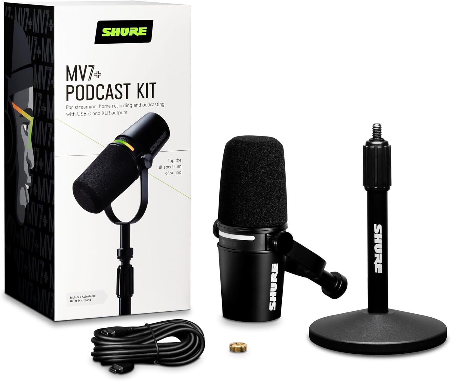 Shure MV7+ Podcast Dynamic Microphone with Stand USB-C+XLR Outputs OBS Certified