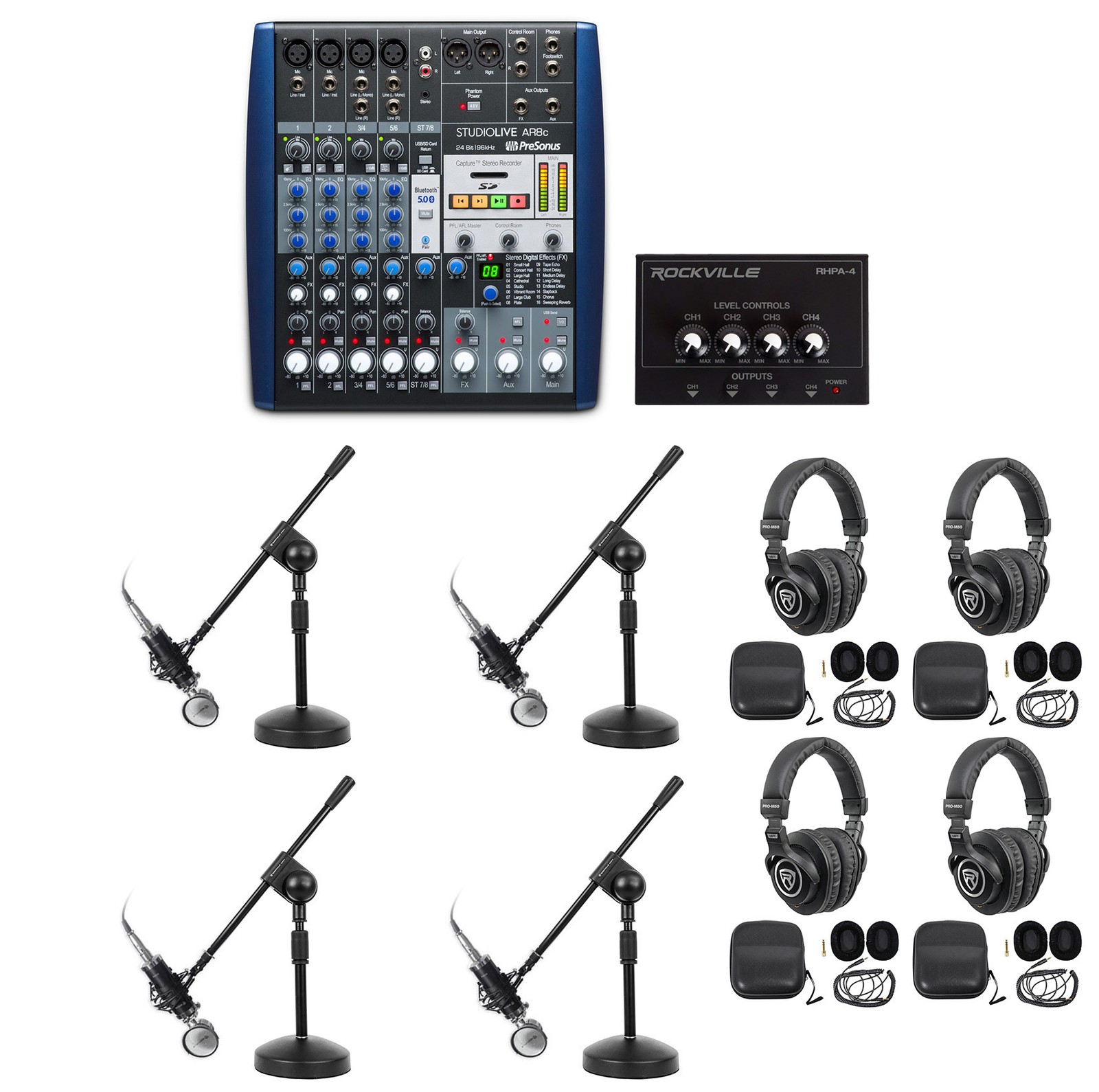 Presonus AR8 Podcast Podcasting Studio Bundle w/(4) Mics+Headphones+Boom Stands