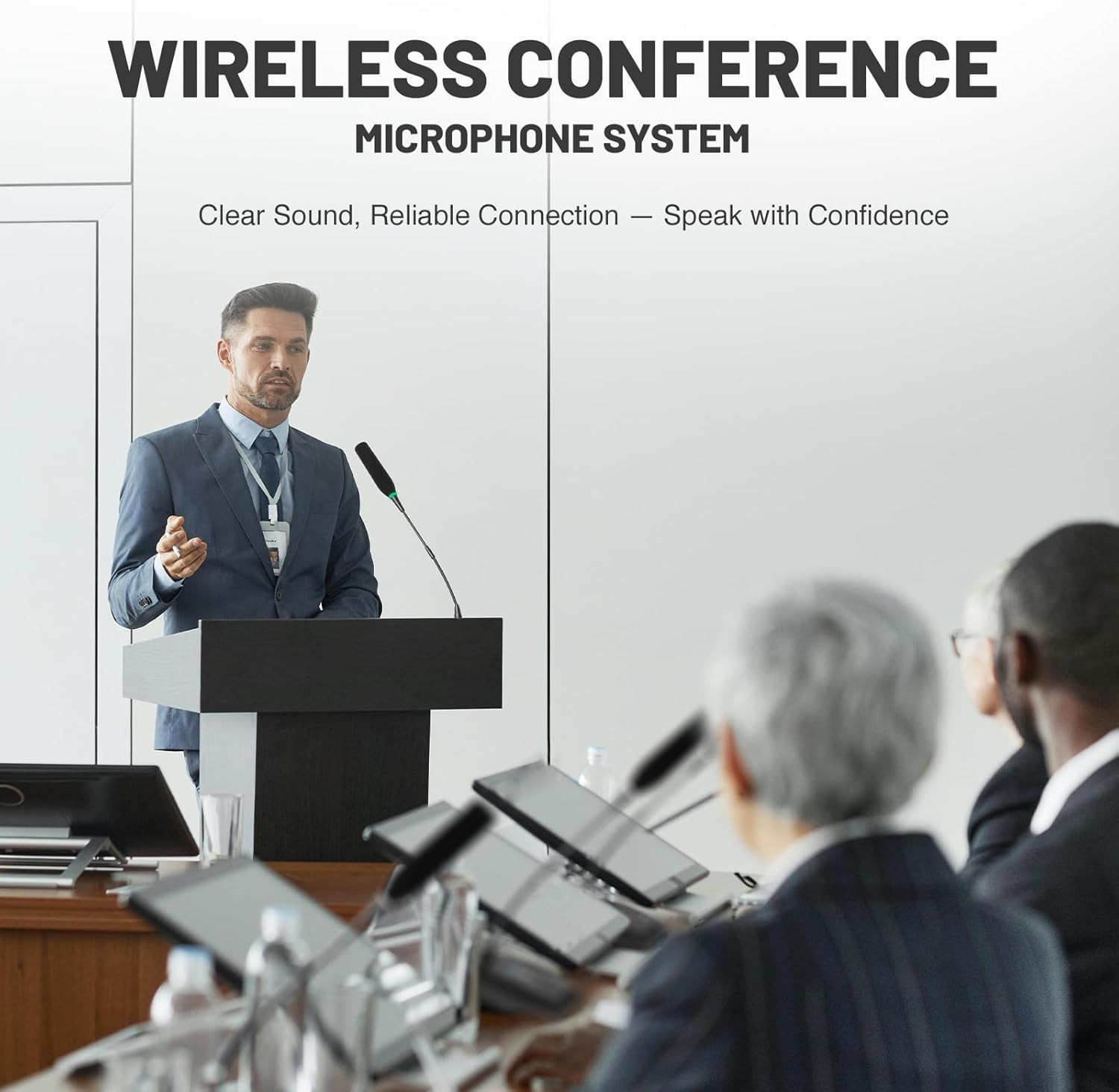 Quad Channel Wireless Conference Microphone System with 4 Gooseneck Mics