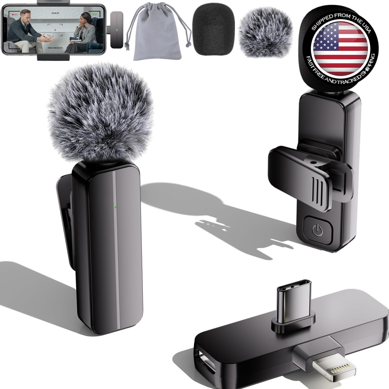 Wireless Lavalier Microphone 2 Pack for iPhone Android 65ft Range Noise Reduc…
