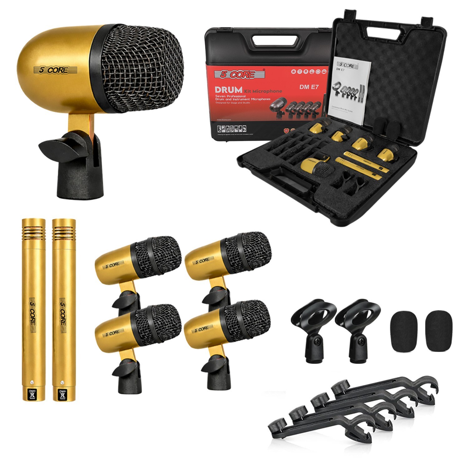5 Core Drum Microphone Kit 7Pc All Metal Drummer Mics Tom/Snare & Cymbals Wired