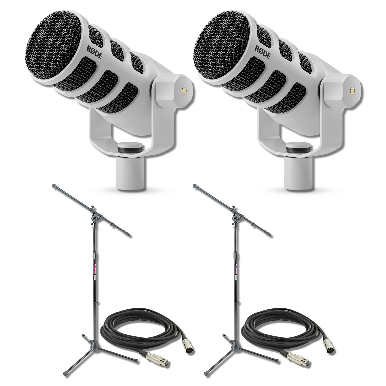 Rode PodMic (White, Pair) with 2x On-Stage MS7701B Floor Microphone Stands