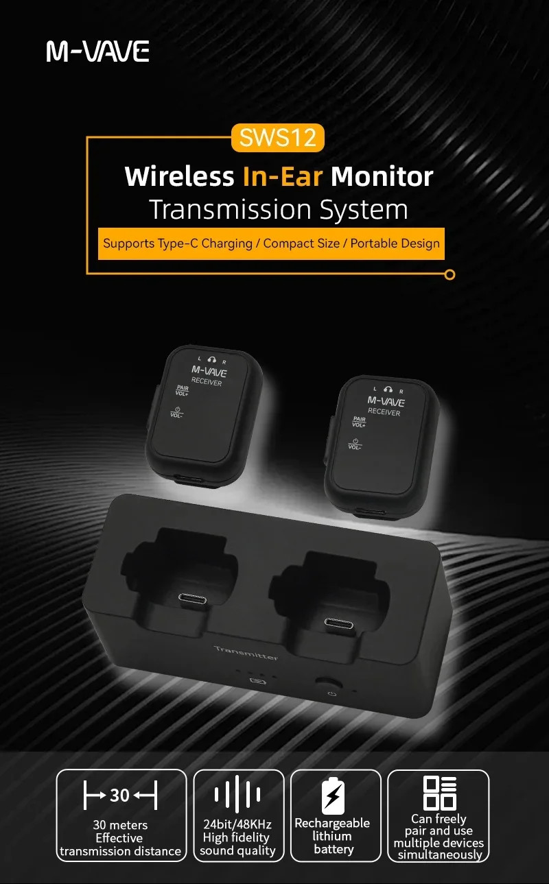 M-VAVE WP-12 1T4R Wireless Ear Monitor2.4GHz Digital Transmission Low Latency3ms