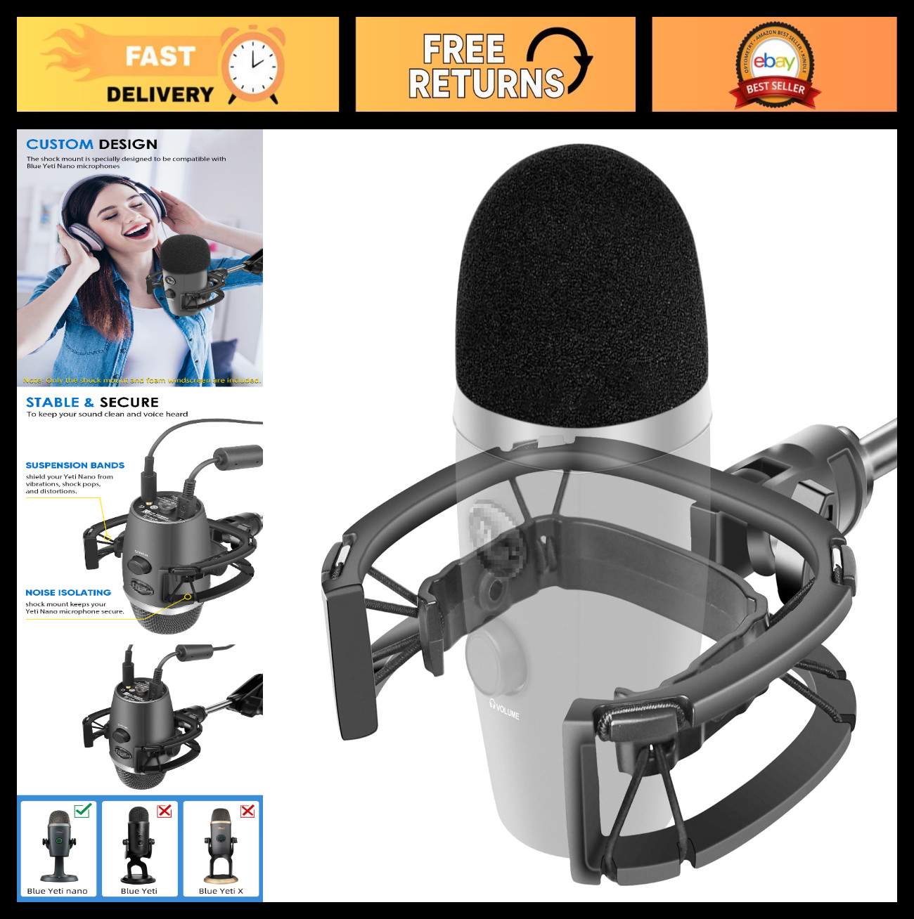 Shock Mount with Pop Filter for Yeti Nano Mic – Anti-Vibration Suspension Holder