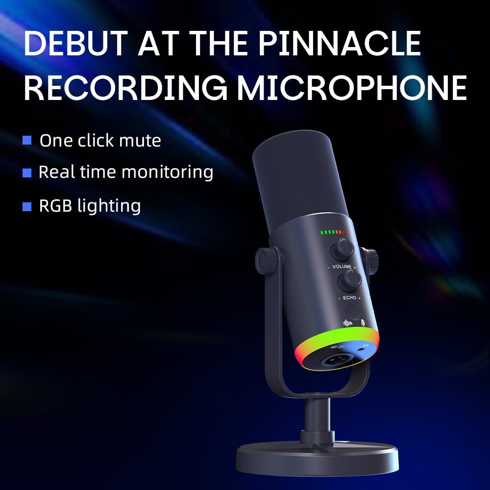 USB/XLR Desktop Dynamic Microphone with RGB Lighting, Noise Reduction, Mute B…