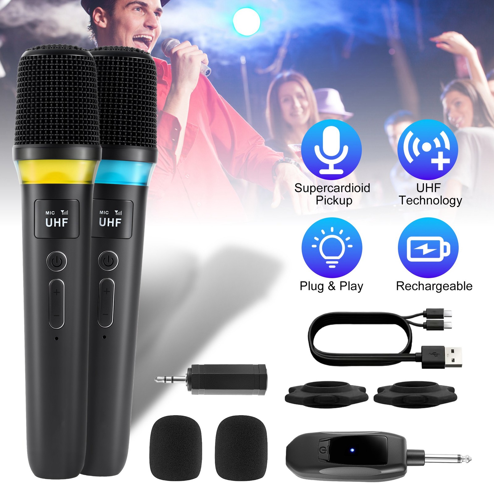 2Pcs UHF Wireless Microphones Handheld Mic System Karaoke Dynamic Microphone