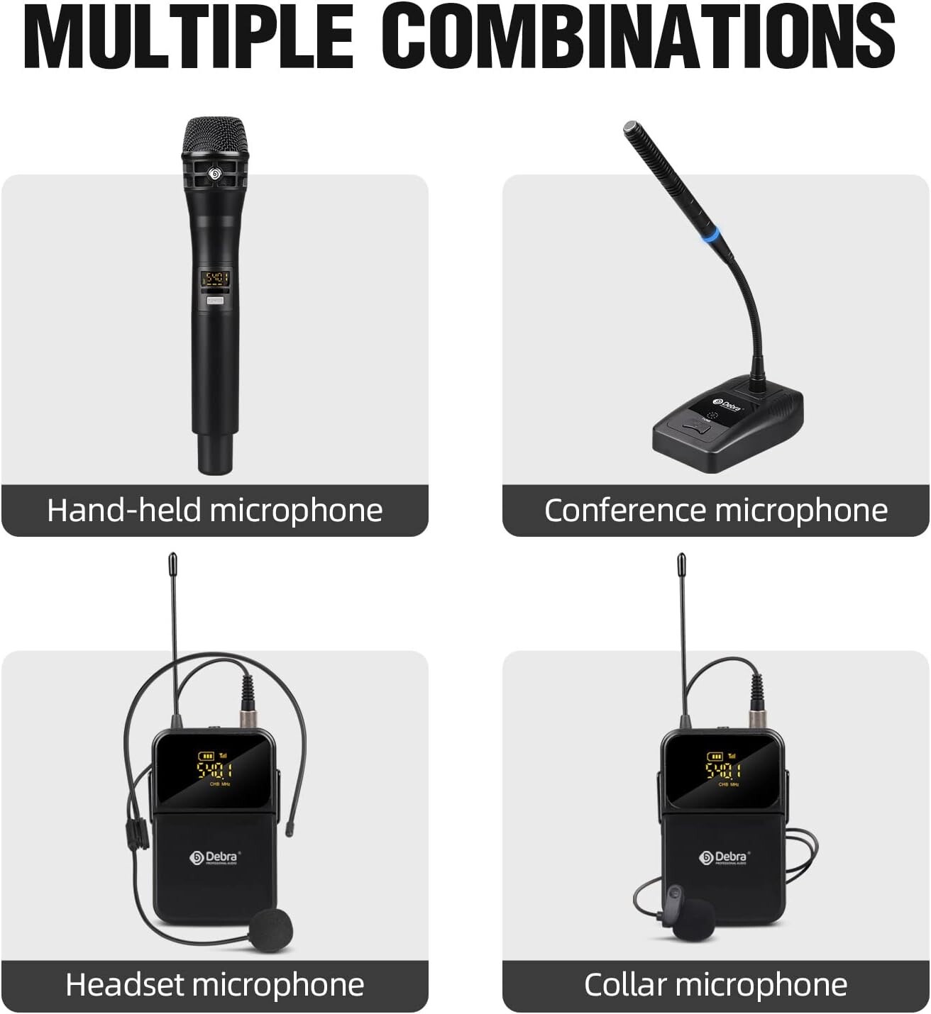 4 Channel Wireless Microphone System Lavalier Headset Mics Professional Grade
