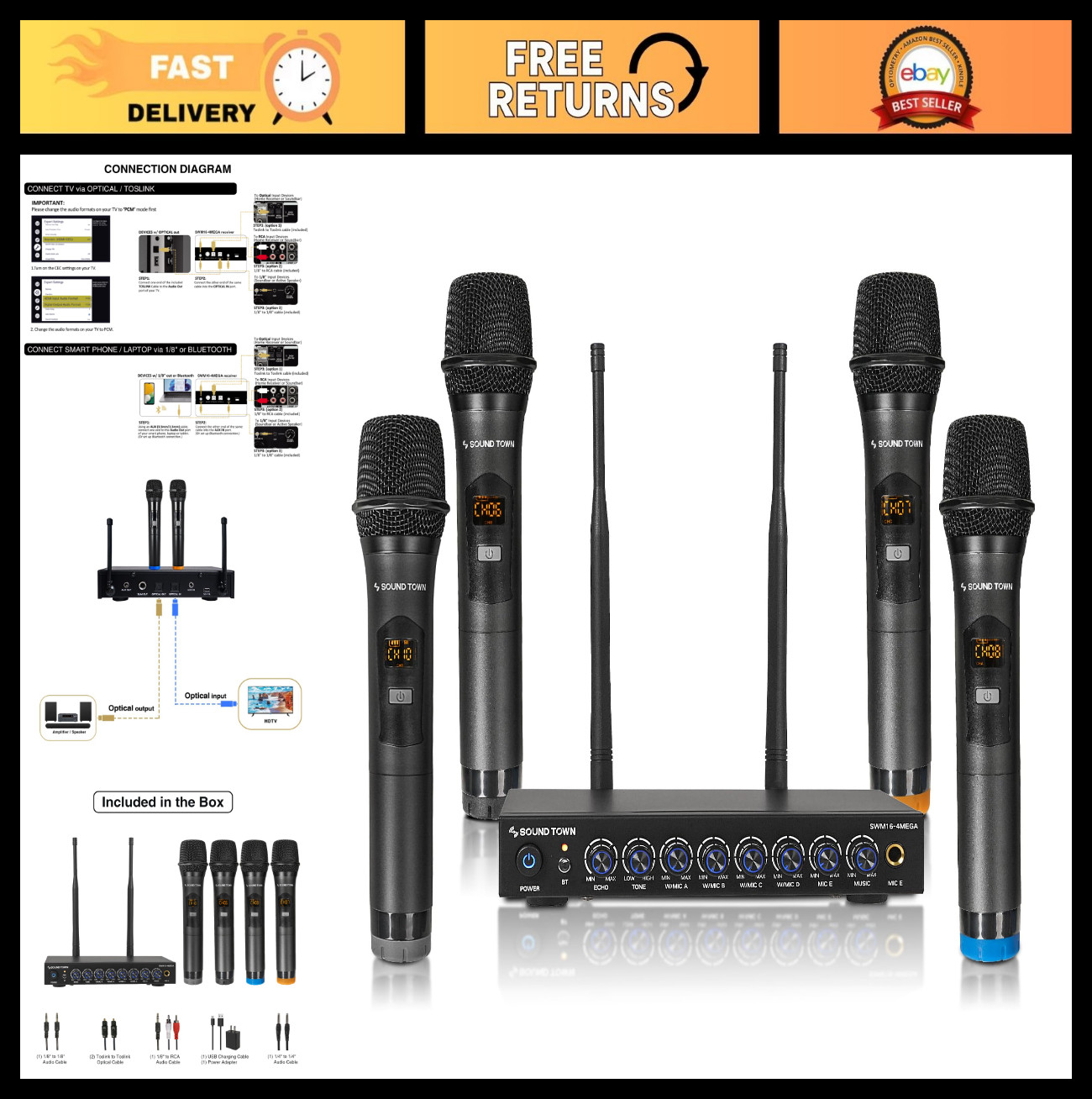 200 Channels Wireless Karaoke Microphone Mixer System, 4 Handheld Mics, AUX, Opt