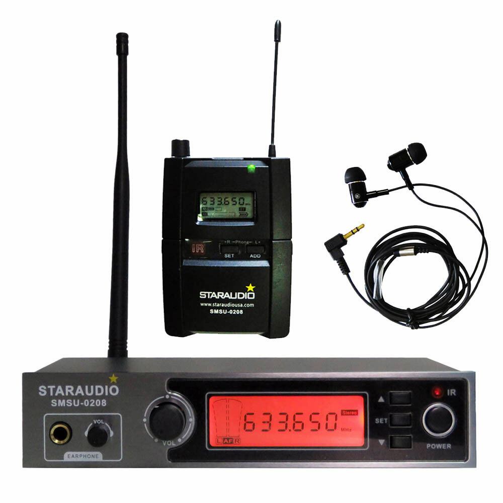 Wireless Stereo Monitor Microphone System UHF Bodypack Earplugs Headphone DJ Mic