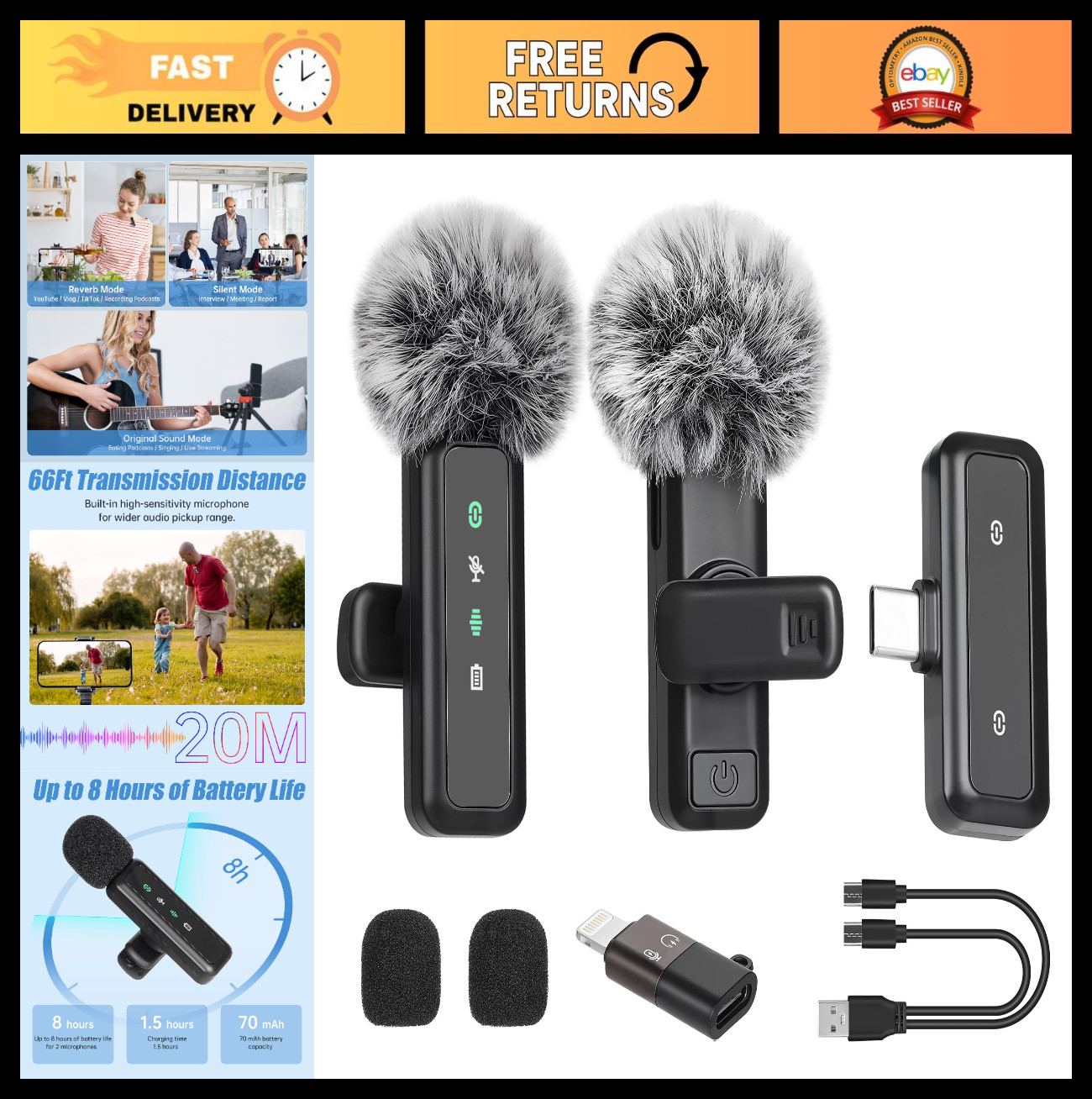 Wireless Lavalier Microphone for iPhone – Mini Mic, LED Display, Noise Reduction