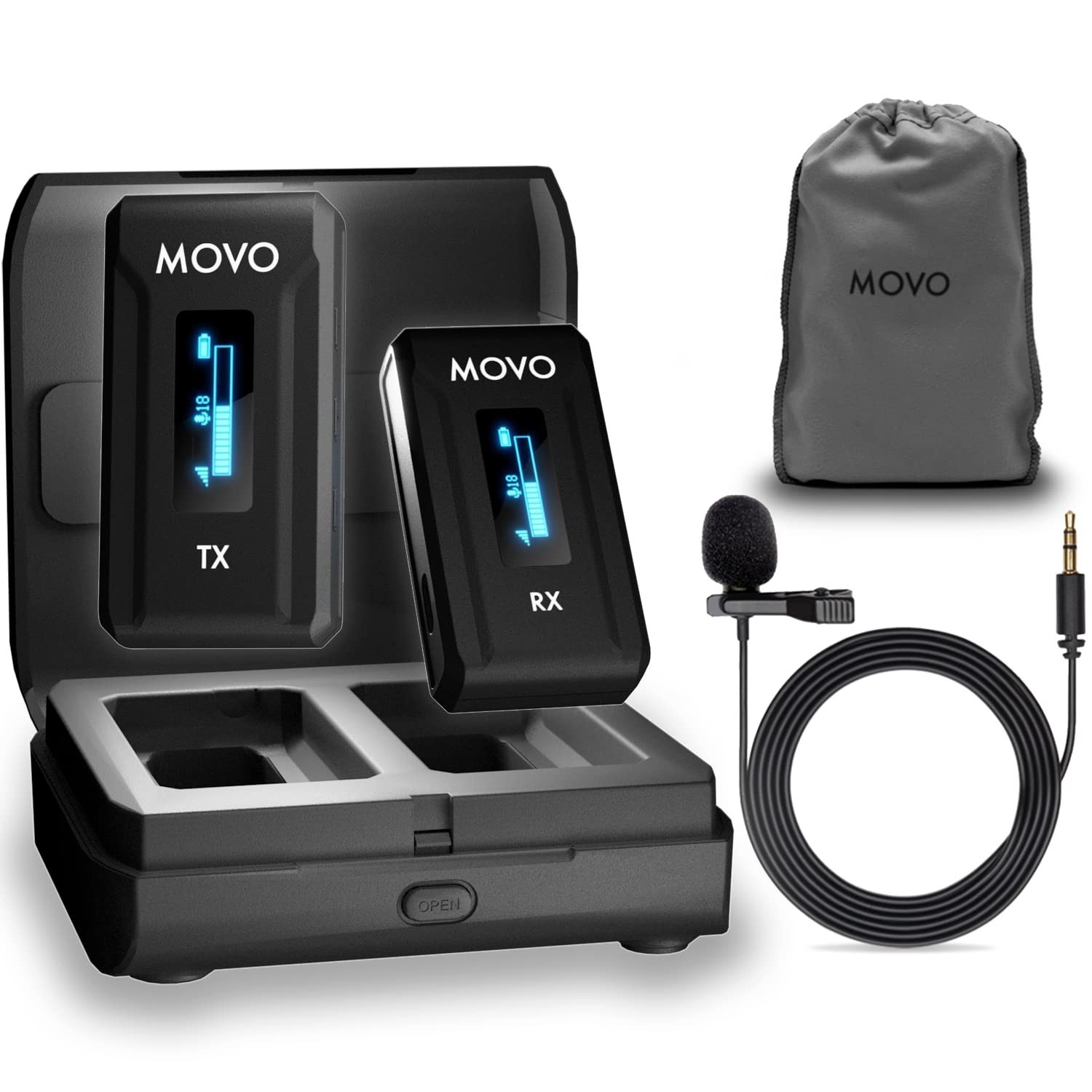 Movo WMX-2 Wireless Lavalier Microphone System DSLR Vlogging Charging Case NEW