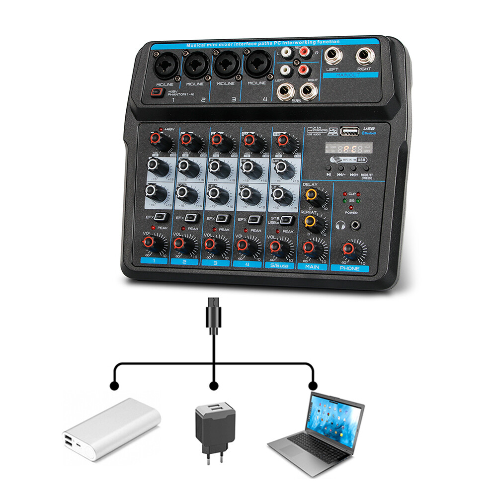 6 Channel Audio Mixer Bluetooth Mixing Console For DJ Karaoke Live Podcast USB
