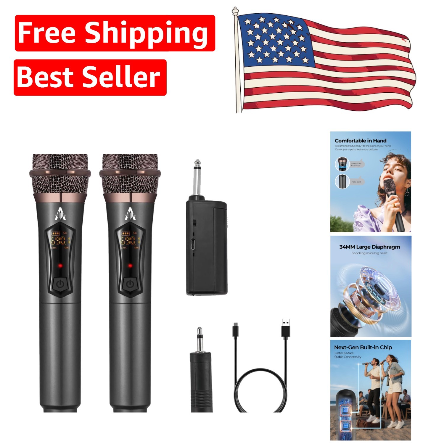 Professional Handheld Wireless Microphone System – 200ft Range, 50H Battery Life