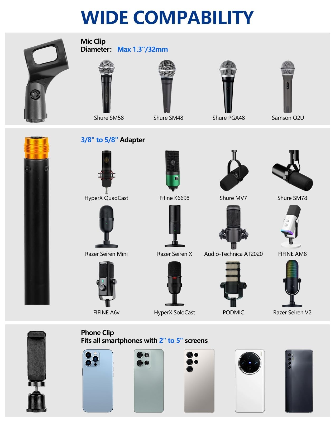 Adjustable Desktop Microphone Stand with Weighted Base & Phone Clip for Podcasti