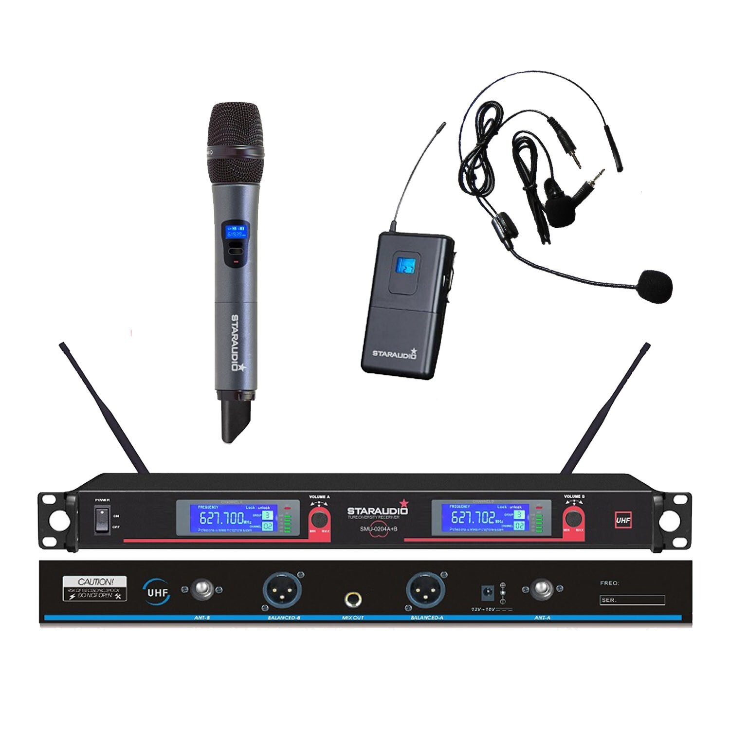 2CH Wireless UHF Microphone System Handheld & Headset Lavalier Lapel Microphone