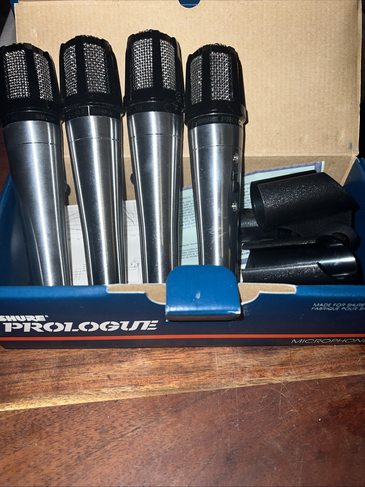 (4) Vintage Shure Prologue 10L Lo-Z Dynamic Mic XLR Microphones NOS w/ Clips Box