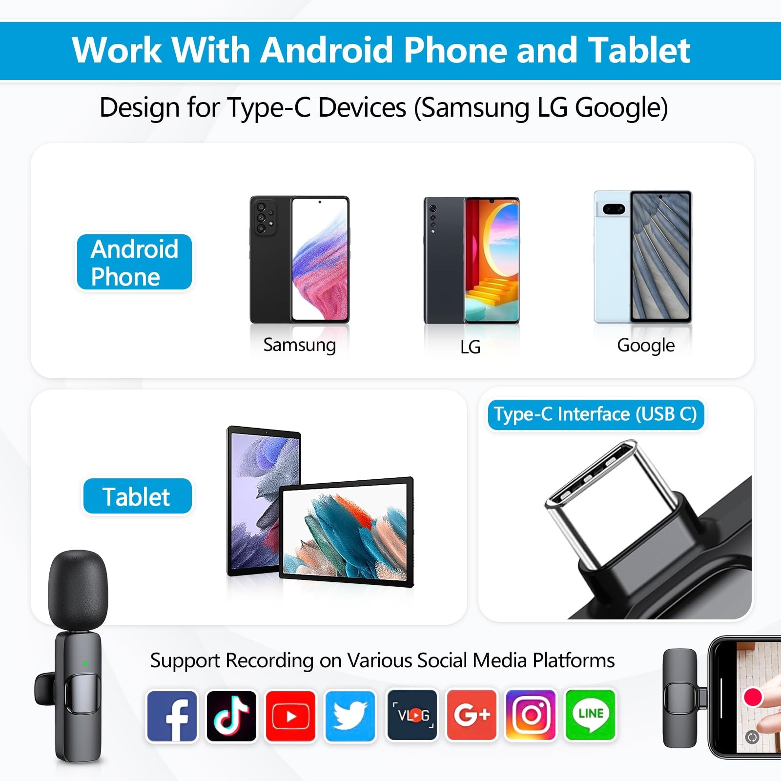 RICCHI 2 Pack Wireless Microphone USB C for iPhone 15-16 Android Phone Profes…