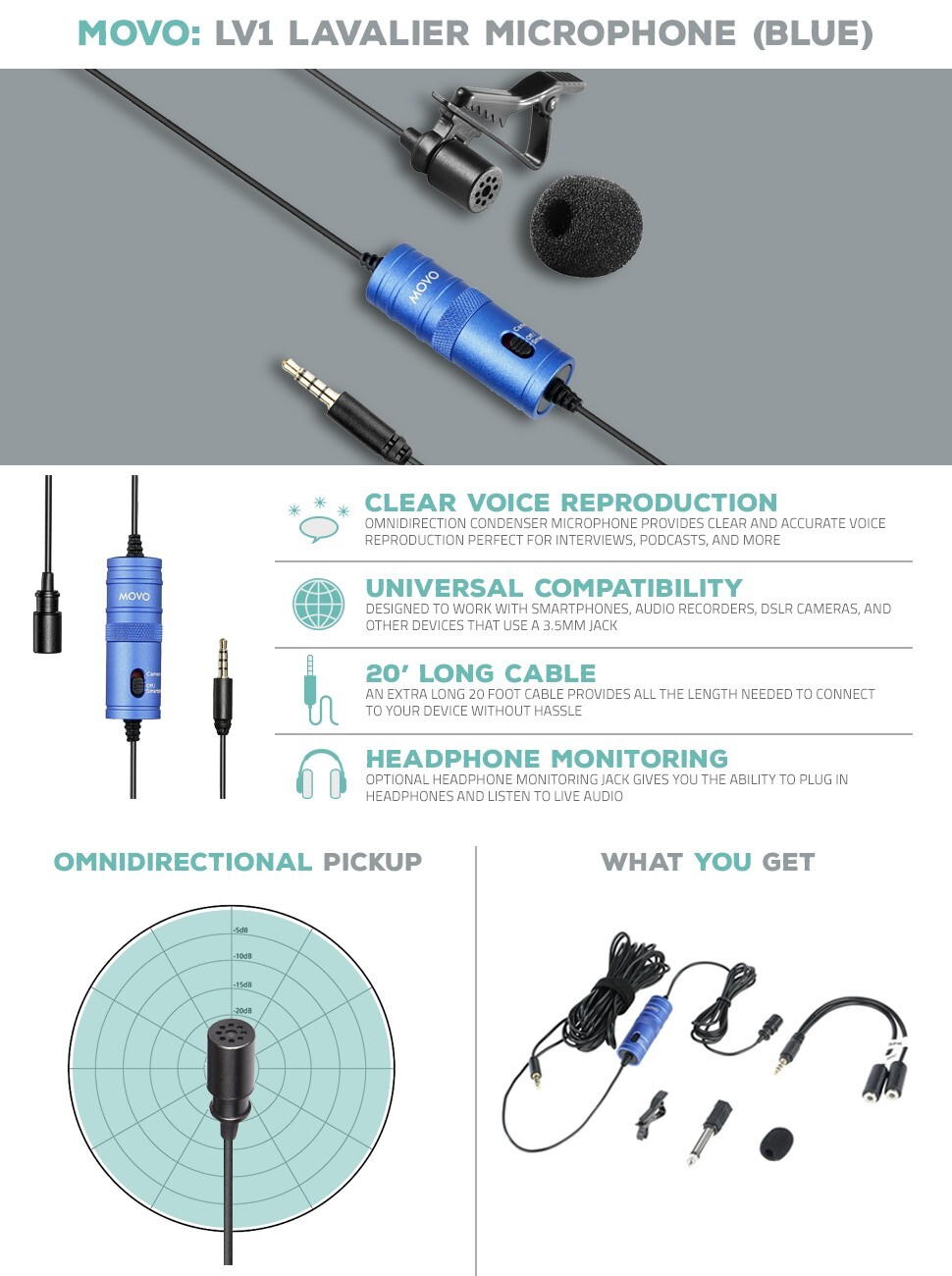 Movo LV1 Lapel Clip-on Mic w/ Headphone Monitoring, Blue, for DSLR Smartphone +