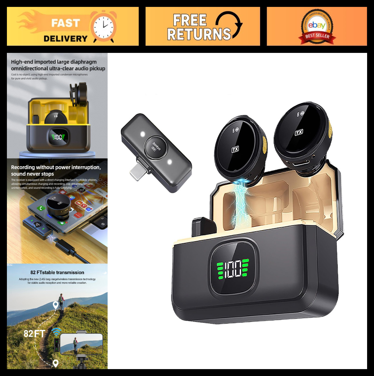Wireless Lavalier Microphone Set – 2 TX + 1 RX, Noise Cancelling, 82ft Range, 36