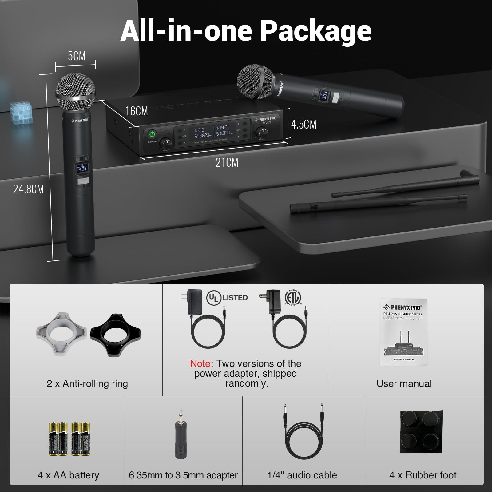Phenyx Pro Dual UHF Auto Scan Handheld Wireless Two Mics, Black