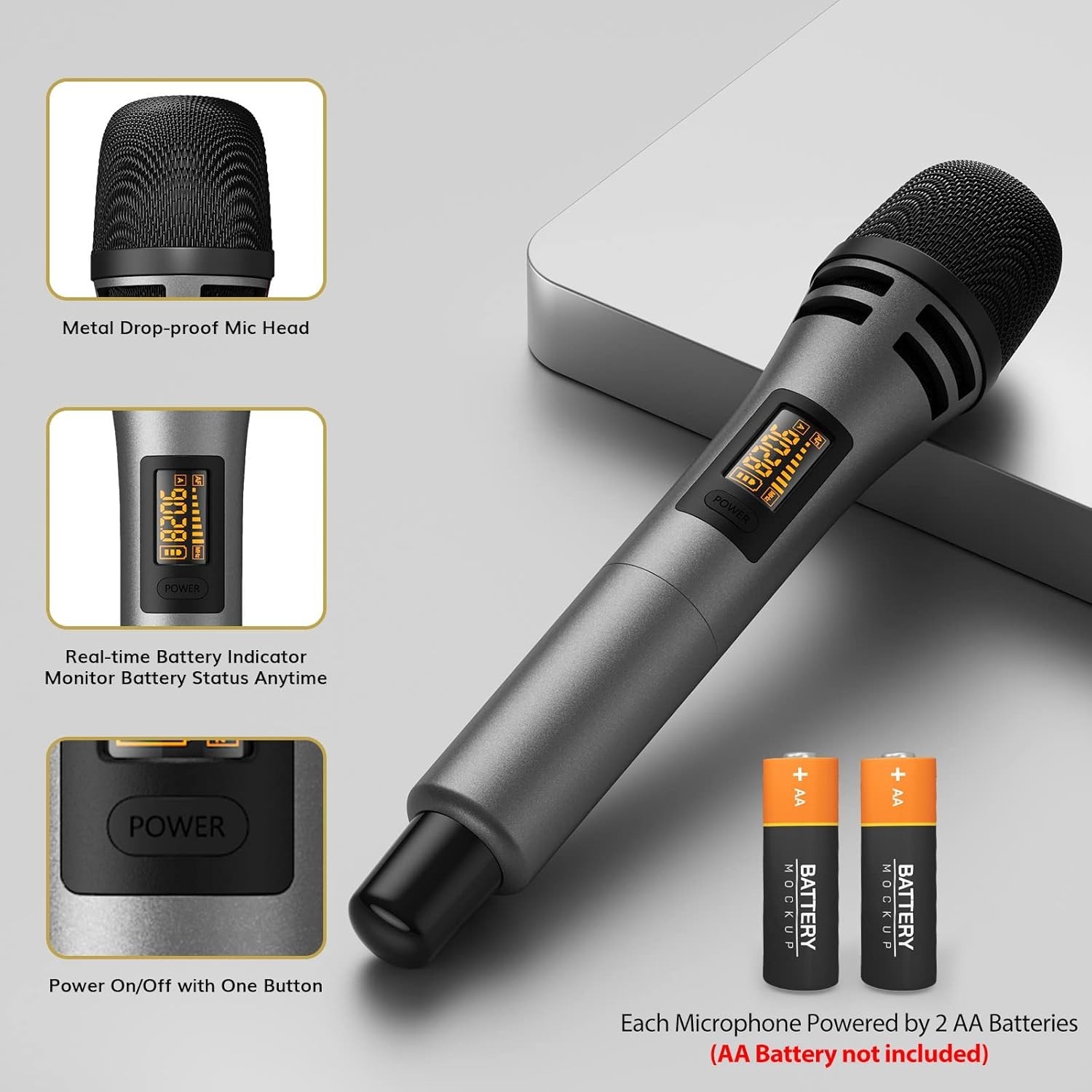 Micrófono inalámbrico dual UHF, de mano, de metal con receptor recargable