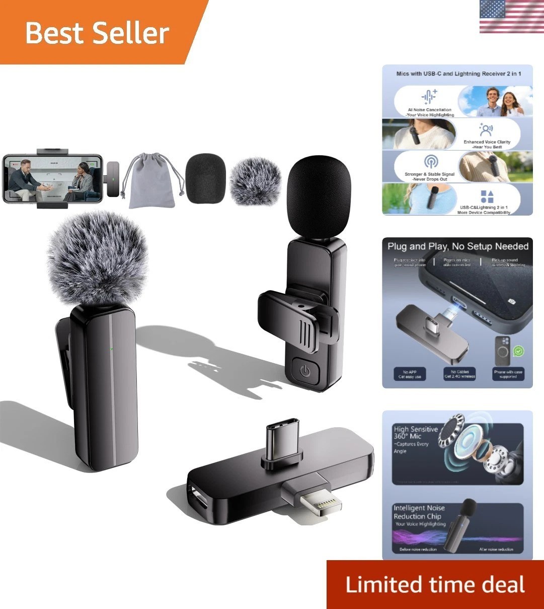 2-Pack Wireless Lapel Microphones with USB-C & Lightning for iPhone/Android