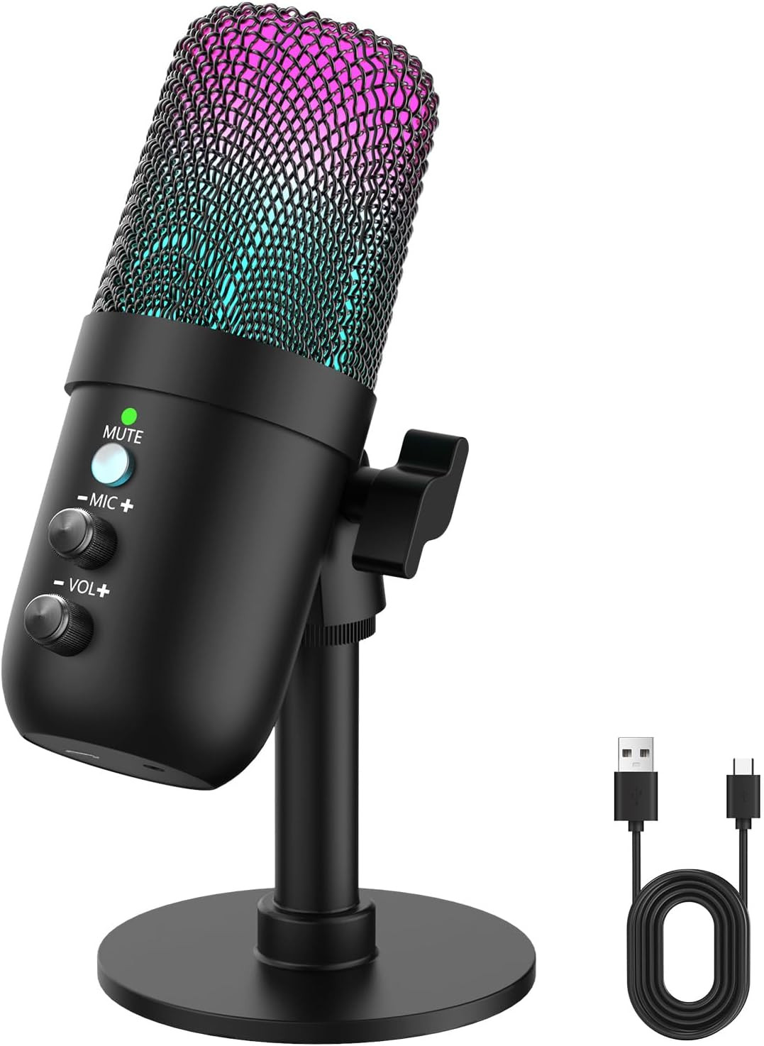 USB Microphone, Computer Condenser Mic with Noise Cancellation, Echo Mode, RGB L