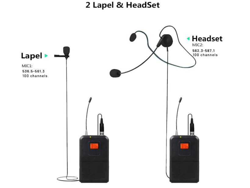 Micrófono lavalier inalámbrico UHF dual, 200 canales, largo alcance y 16 h uso.