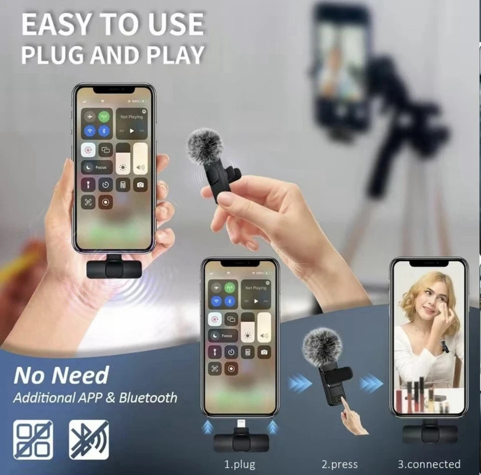 Wireless Microphone For Podcast ASMR TikTok Clip On Mic 2Pack